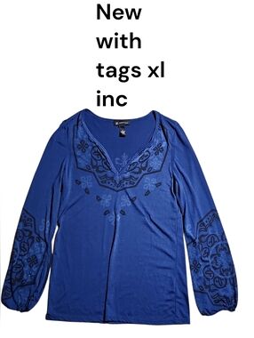 INC International Concepts Royal Blue Long-Sleeve V-Neck Embroidered Top